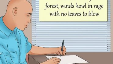 Illustrated image showing a man writing a haiku from his home