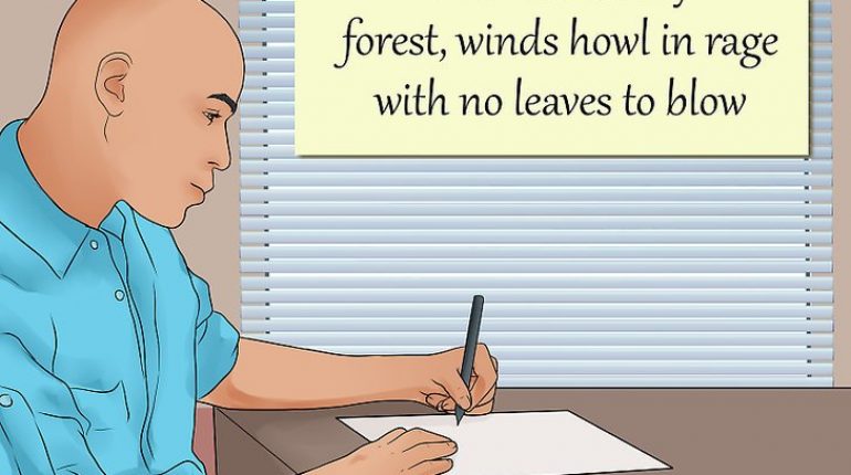 Illustrated image showing a man writing a haiku from his home